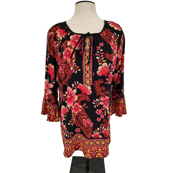 J.M.Collection Woman's Floral Pullover Blouse Black+Red Rhinestones Size Large - Picture 1 of 10